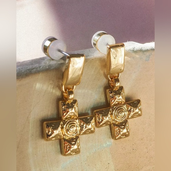 $85 LUV AJ GOLD CROSS EARRINGS GORJANA FREE PEOPLE REVOLVE 8 OTHER REASONS BOHO - Picture 2 of 2